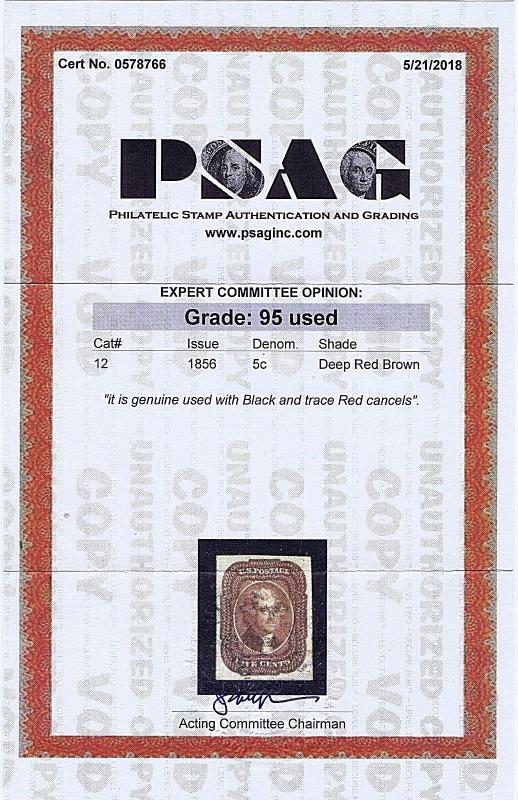 SC# 12 USED 5 CENT JEFFERSON, 1856, PSAG CERT GRADED XF SUP 95 HIGH CAT VALUE