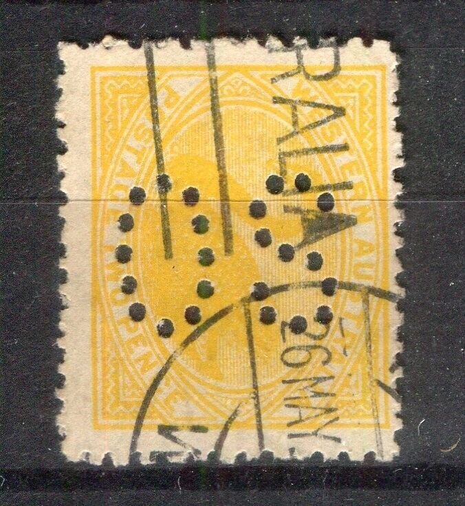 AUSTRALIA; WESTERN AUS. 1900s Swan Type OFFICIAL 'OS' Perfin used shade of 2d.