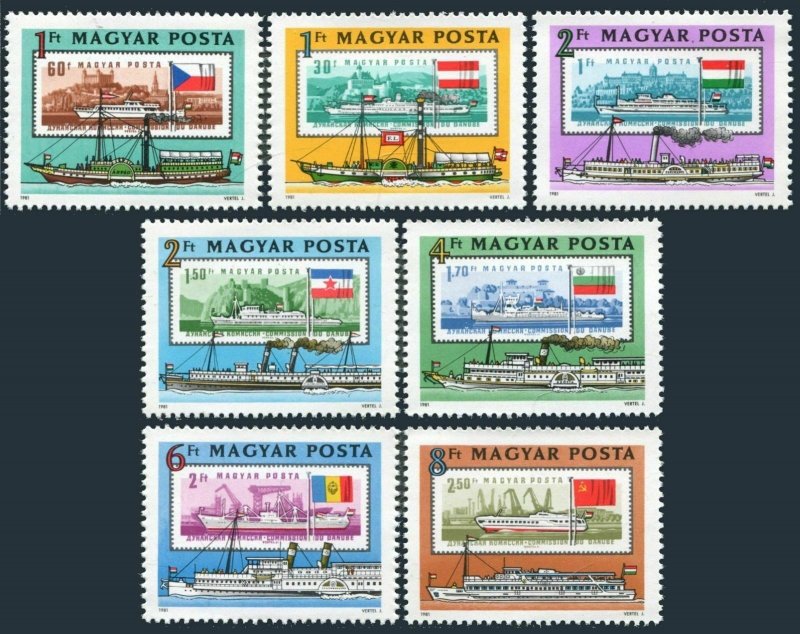 Hungary 2705-2711,2712,MNH.Mi 3514-3520,Bl.153. Danube Commission,125,1981.Ships