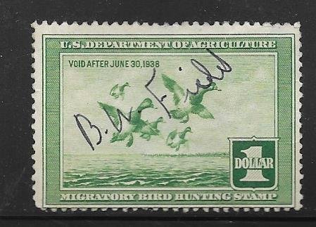 US #RW4 1937 $1 Federal Duck Stamp (U)* light green  CV$65.00