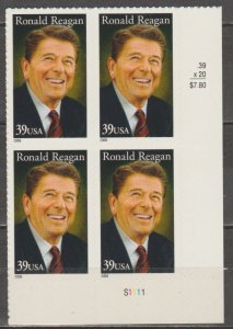 4078, PB of 4 L/R. Ronald Reagan MNH, .39 cent.