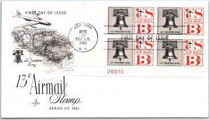US FIRST DAY COVER FIRST PRINTING 13c AIRMAIL PLATE BLOCK (4) ART CRAFT 1961 (B)