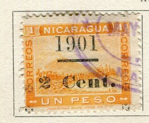 NICARAGUA; 1901 early Momotombo Mountain issue surcharged fine used 2c. value
