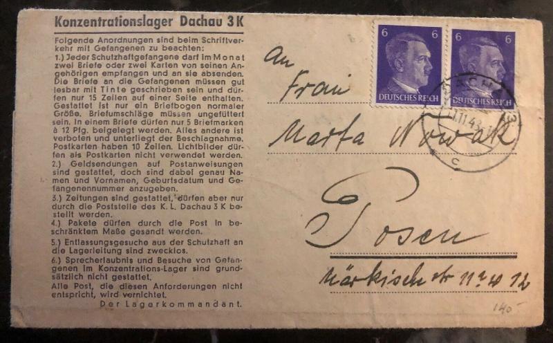 1943 Germany Dachau Concentration Camp Letter Cover to Poznań Polan Nowak