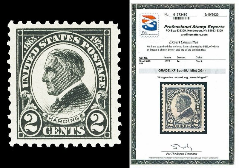 Scott 610 1923 2c Harding Memorial Issue Mint Graded XF-Sup 95J NH with PSE CERT