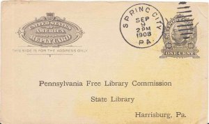 United States Pennsylvania Spring City 1908 duplex  Postal Card  Small crease...