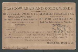 1887 Canada 1c Blue Postal Glasgow Lead & Color Works Sells White Lead See Info