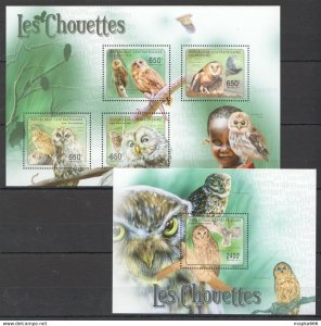 2011 Central Africa Fauna Birds Owls Les Chouettes Kb+Bl ** Ca1030