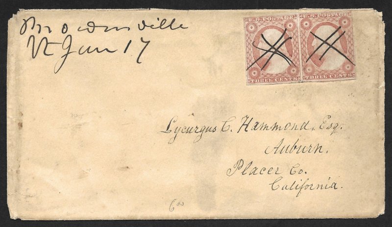 Doyle's_Stamps: Placer County, California Postal History w/Imperf Pair on Cover