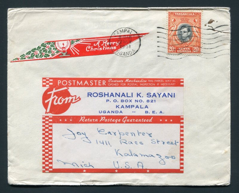 1951 Kampala, Uganda to Kalamazoo, Michigan USA - Tied Christmas Label