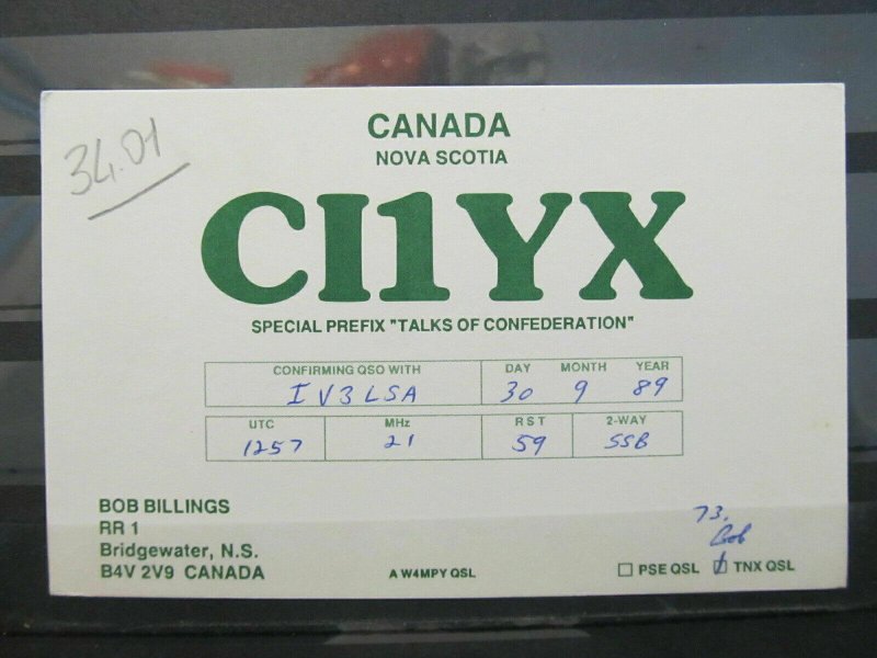 1989 Nova Scotia Canada 4138 QSL Card-