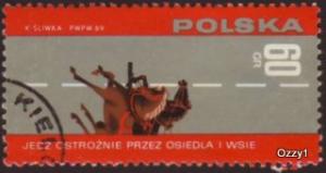 Poland 1969 Sc#1693, SG#1949 60gr Red Road Safety Horses USED.