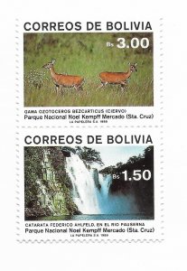 BOLIVIA 1989 NATIONAL PARK NOEL KEMPFF MERCADO NATURE WATERFALL FAUNA PAIR MNH