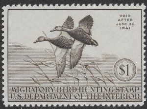 US Stamps Scott #RW7 MH F-VF Federal Duck $1 Sepia Black Mallards SCV $115