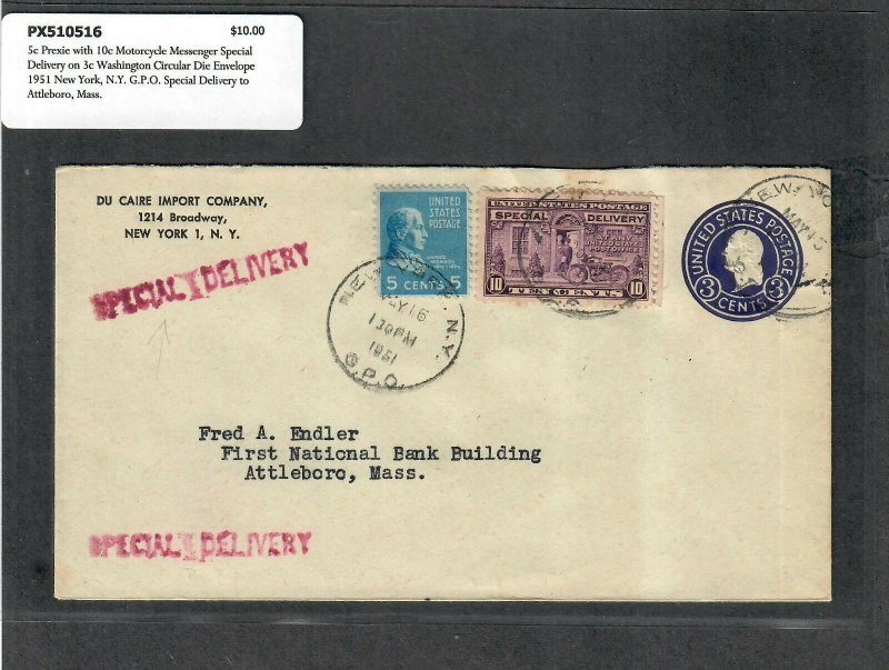 1951 Prexie Cover 5c New York NY G.P.O. Special Delivery