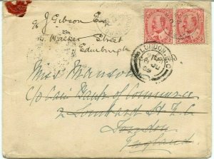 1909 Edward 2 x 2c double weight Empire rate to ENGLAND RPO Canada cover