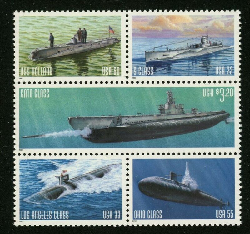 Scott 3373 - 3377 MNH Block of 5 Submarine Booklet Stamps w/Free Pair of 1128