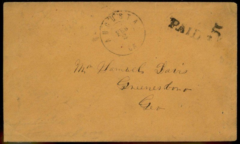 CSA Augusta GA Georgia Civil War Confederate Stampless Paid 5 Cover 92870