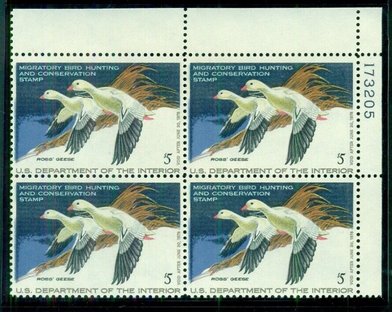 US #RW44 $5.00 Ross’s Geese, Plate No. Block of 4 NH VF, Scott $50.00