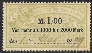 GERMANY 1886 1,00m Bill of Exchange Revenue Erler No. AJ104A VFU