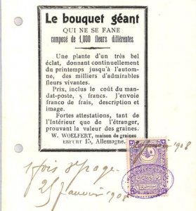 TURKEY OTTOMAN REVENUE 1908 Bouquet FLOWERS Document Advert LEVANT HERALD ZT67