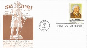 1981 FDC, #1941, 20c John Hanson, GAMM & House of Farnam