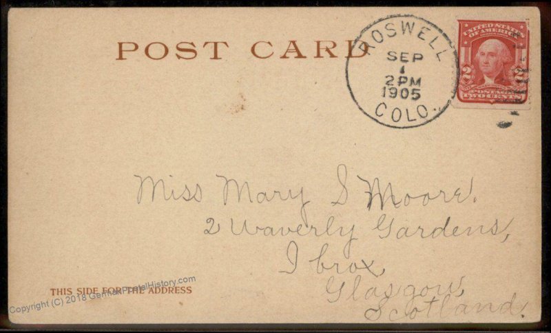 USA 1905 Colorado ROSWELL DPO Cover Helbock R4 Postcard SCOTLAND 94244