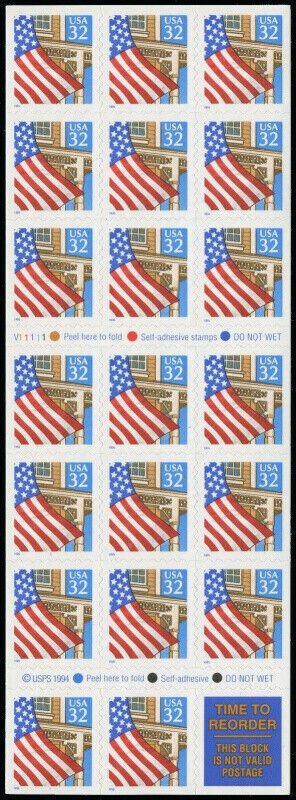 USA 2920a, 32c Flag over Porch, Booklet Pane of 20 MNH