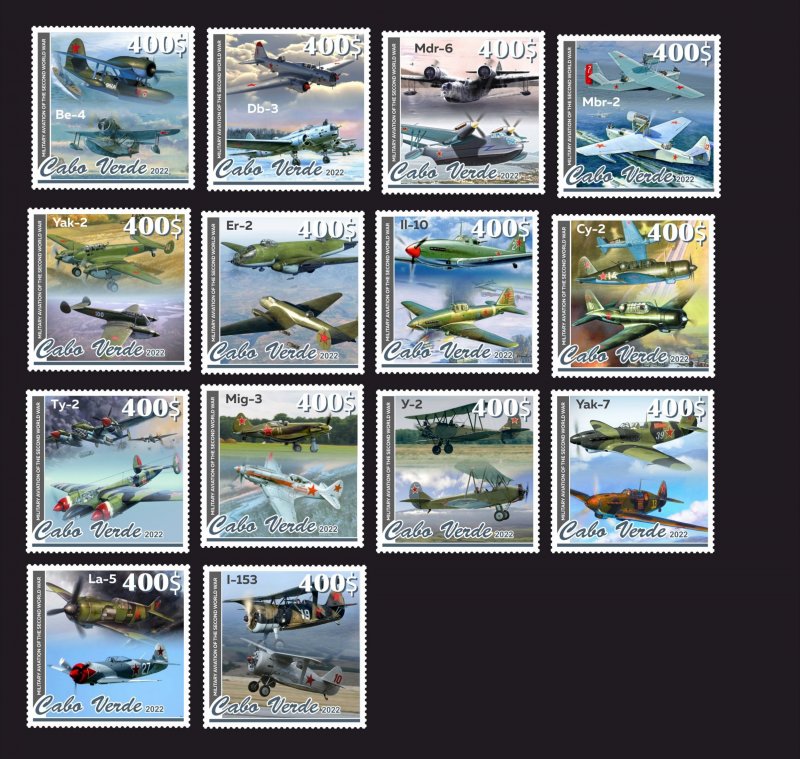 Stamps.  Aviation, WWII Cabo Verde 2022 year , 14 stamps  perforated