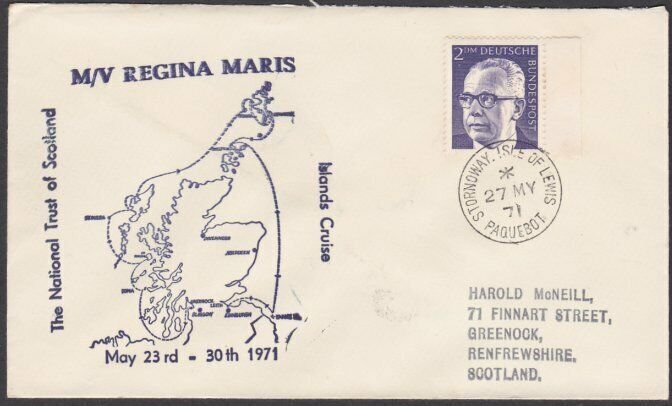 GB GERMANY 1971 M/V Regina Maris ship cover STORNOWAY PAQUEBOT cds..........Q132