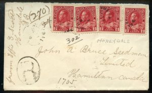 ?HONEYDALE, N.B. s/r  1919 REGISTERED Admiral issue cover Canada