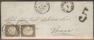 Italy 1862 Sardegna Sc 11 Pair Crema to Verona Cover G112349