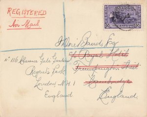 Canada 1946 50c Artillery Solo Cover Registered Sudbury to England Redirected