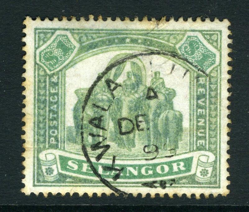 MALAYA (SELANGOR)-1895-99 $1 Green & Yellow-Green Sg 61  GOOD USED  V8193