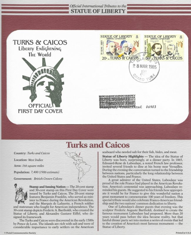 Statue of Liberty Turks and Caicos 1986 FDC with write up.