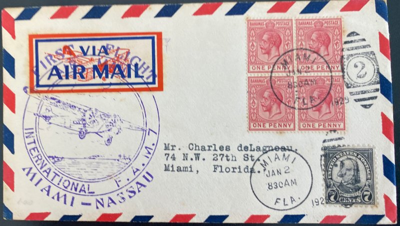 1929 Nassau Bahamas First Flight Airmail Cover FFC To Miami FL USA FAM 7 