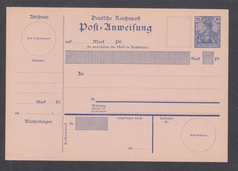 Germany Mi A14II mint 1900 20pf blue Germania indicium on rose paper MONEY ORDER