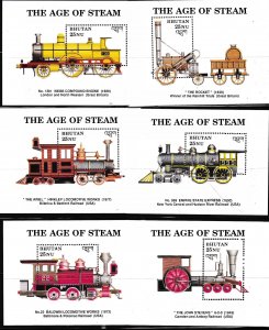 BHUTAN 1993 Scott 810-821 (12) Full Set of Vintage Locomotives Sheets  VF/NH