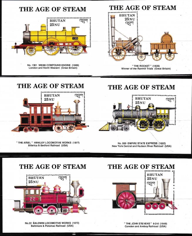 BHUTAN 1993 Scott 810-821 (12) Full Set of Vintage Locomotives Sheets  VF/NH