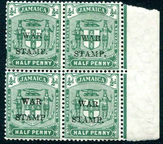 JAMAICA-1917 ½d Blue-Green War Stamp Unmounted Block of 4 one with no stop 