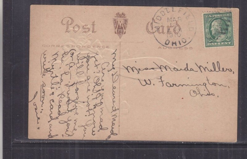 MIDDLEFIELD, OHIO, 1910 Easter ppc., 1c. to West Farmington, Ohio. 