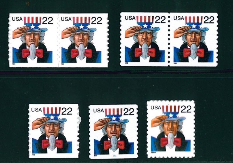 US Scott # 3259, 3263, & 3353 Uncle Sam 22c Issue Singles & Pairs MNH