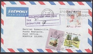 NORFOLK IS 1990 cover large size INSUFFICIENT POSTAGE handstamp ex NZ......a3093