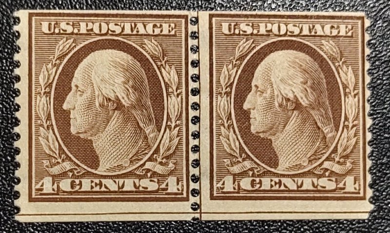 Scott Stamp# 354 - 1909 4¢ Washington Guide LINE Pair.  MLH, OG.  SCV $1,400.00