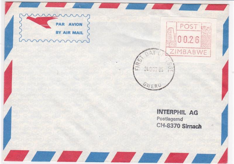 zimbabwe 1985 atm stamps cover ref 19279