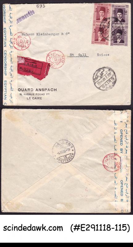 EGYPT - 1939 REGISTERED ENVELOPE TO USA WITH STAMPS - CENSORED