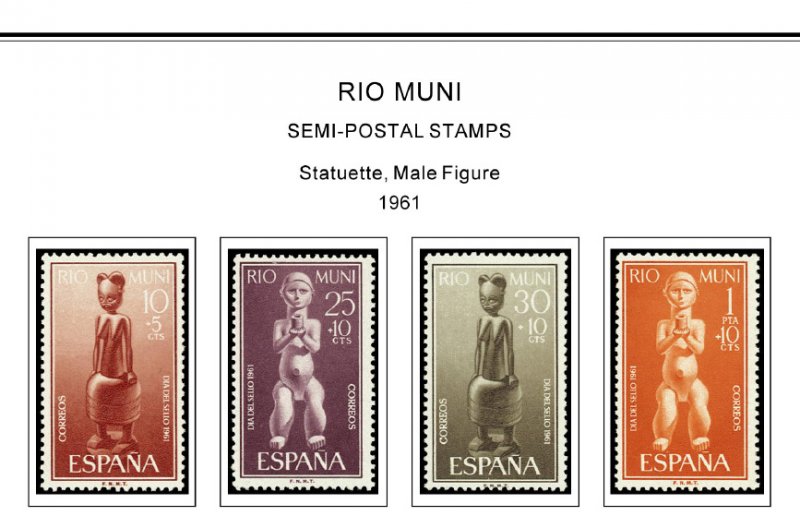 COLOR PRINTED RIO MUNI 1960-1968 STAMP ALBUM PAGES (8 illustrated pages)