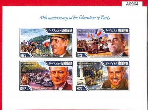 A0964 MALDIVES - ERROR  IMPERF SHEET - 2014  WWII CHARLES DE GAULLE  ВОЙНА