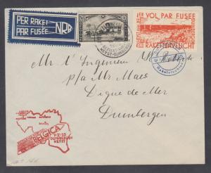 Belgium Sc B166 and imperf DUINBERGEN Rocket Mail label on 1935 cover, fresh, VF