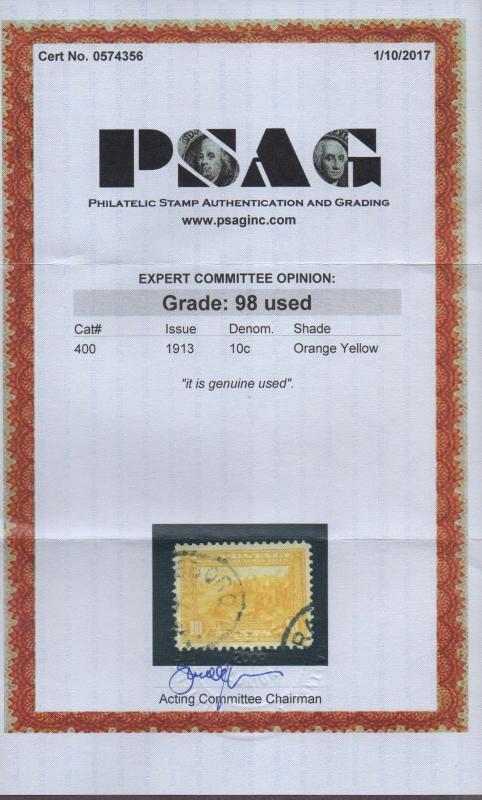 **US, SC# 400 Used, SUPERB 98 PSAG Graded Cert, CV $750.00 (smq)